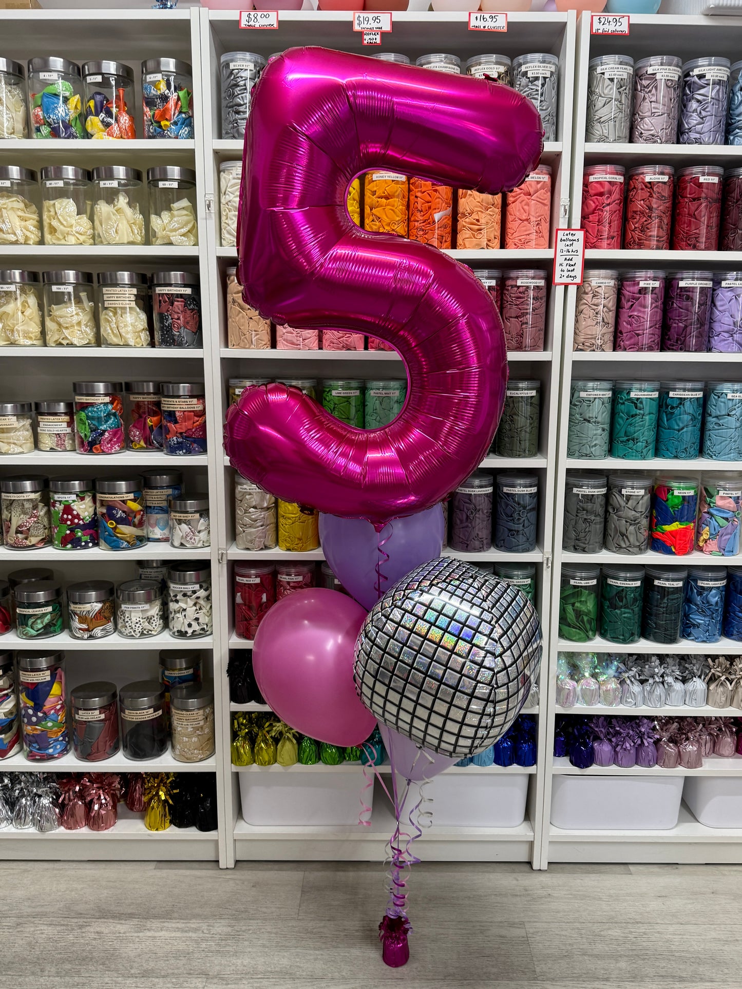 Jumbo Number, Disco Ball and 3 Latex Bouquet