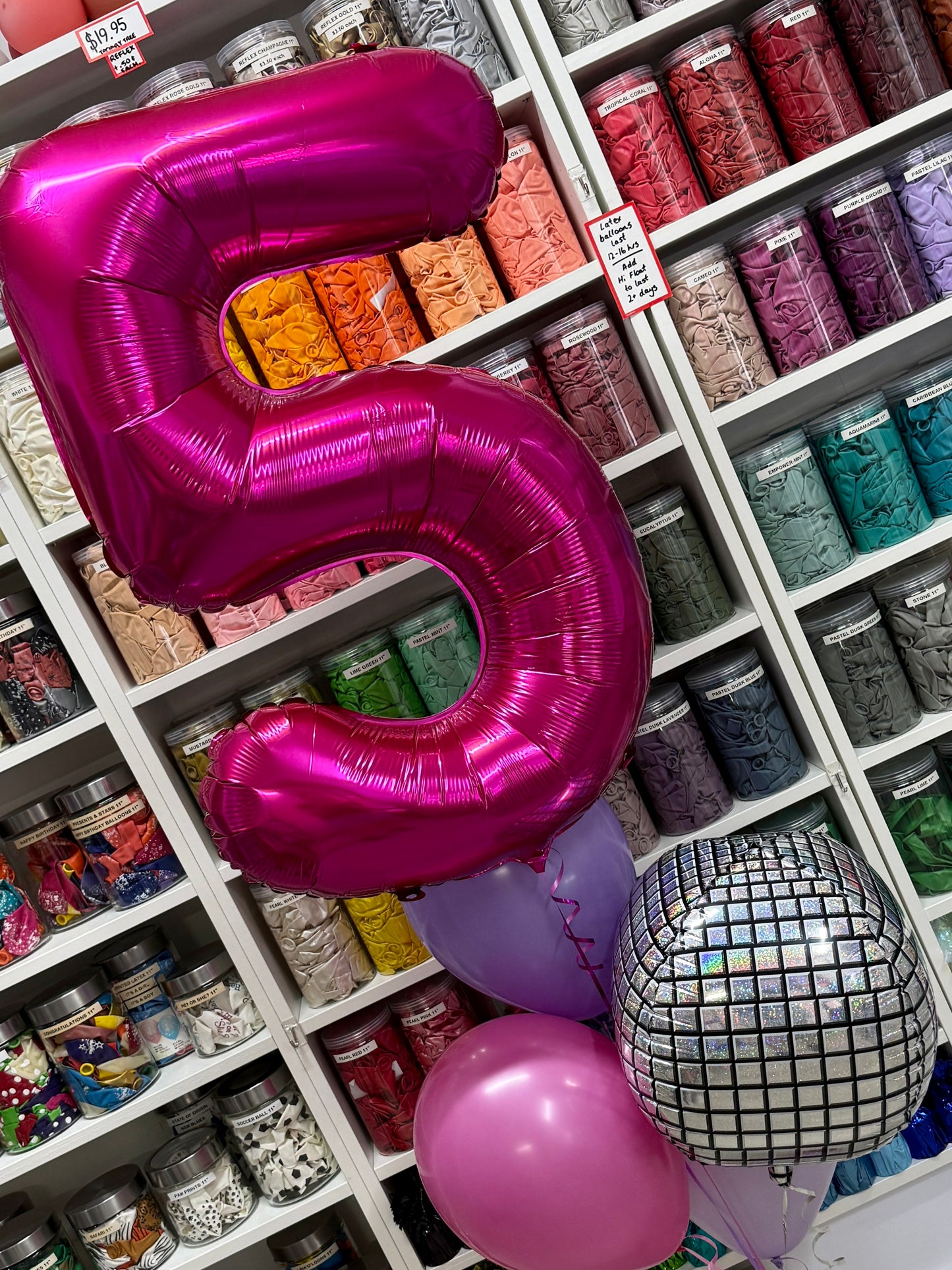 Jumbo Number, Disco Ball and 3 Latex Bouquet